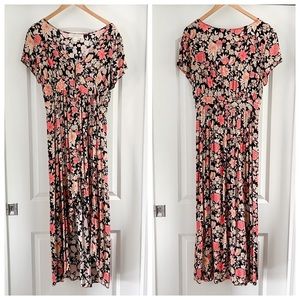 Saltwater luxe, pink and black floral mid length dress, medium